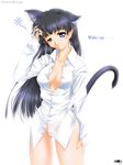  animal_ears artist_request bangs black_hair blue_eyes blush bottomless breasts cat_ears cat_tail cleavage dress_shirt edited erect_nipples hand_in_hair hand_on_thigh kimikage_ryou long_hair nekomimi original_request shirt sleepy source_request tail white_shirt 