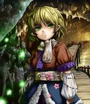  arm_warmers blonde_hair bridge cave face flower green_eyes lolicept mizuhashi_parsee obi pointy_ears sash scarf short_hair solo touhou 