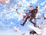  akekure angel_wings animal arms_up axis_powers_hetalia bad_id bad_pixiv_id bird closed_eyes cloud cross day flock flower flying formal happy male_focus necktie outstretched_arms pants rose shoes sitting sky solo spain_(hetalia) suit wings 