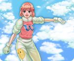  :d a.mizu blue_eyes blush cloud curly_hair day gloves happy open_mouth pants pastel_(twinbee) pink_hair shirt short_hair sky smile solo sparkle twinbee 