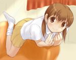  blush brown_eyes brown_hair hourou_musuko kusaka_maichi sasa_kanako school_uniform short_hair short_twintails sitting skirt smile solo twintails 