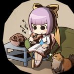  blush_stickers brooch chibi crab_man dog doughnut eating food ghost_trick jewelry kanon_(ghost_trick) lowres missile_(ghost_trick) pomeranian_(dog) purple_hair ribbon skirt solo 