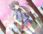  bag black_hair blush cherry_blossoms hair_tousle hair_tucking original panties pantyshot pizanuko pleated_skirt purple_eyes shirt skirt solo striped striped_panties thighhighs tree underwear white_legwear 