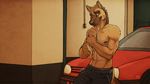  abs belt biceps big_muscles canine car cloth clothing dog fur garage german_shepherd hair leaning male mammal markings muscles nipple_piercing nipples orange_eyes pants pecs piercing rag smove solo stefan topless tsaiwolf vw wallpaper widescreen 