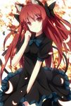  alternate_hairstyle animal_ears blush bow cat_ears cat_tail dress glowing hair_bow hair_down kaenbyou_rin light_smile long_hair multiple_tails petals red_eyes red_hair ribbon samegami smile solo tail touhou 