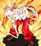  bow fire fujiwara_no_mokou hand_in_pocket highres pants pose red_eyes ribbon sleeves_rolled_up solo toromera touhou white_hair 