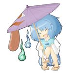  amakaeru bad_id bad_pixiv_id blue_hair geta karakasa_obake open_mouth purple_umbrella smile solo squatting tatara_kogasa tongue touhou umbrella 