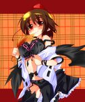  bad_id bad_pixiv_id bare_shoulders black_legwear black_panties black_wings blush brown_hair dress_shirt fan garter_belt gin_(shioyude) hat highres lingerie looking_at_viewer off_shoulder open_clothes open_shirt open_skirt panties pointy_ears red_eyes shameimaru_aya shirt short_hair skirt smile solo strap_slip thighhighs tokin_hat touhou underwear undressing wings 