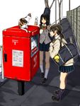  bag black_eyes black_hair black_legwear bow brown_hair cat cellphone drumsticks higepiyo higepiyo_(character) highres japanese_postal_mark joy_(joy-max) kneehighs light_smile loafers long_hair mole mole_under_eye multiple_girls original parody phone pleated_skirt postbox_(outgoing_mail) school_uniform shoes skirt twintails white_legwear 