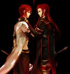  asch bad_id bad_pixiv_id black_background gloves green_eyes koko_(oyasuminasai) long_hair luke_fon_fabre male_focus multiple_boys red_hair surcoat sword tales_of_(series) tales_of_the_abyss weapon 