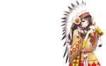  black_hair brown_hair dress face_paint facepaint facial_mark facial_markings feather feathers female fringe green_eyes headdress long_hair nardack native_american native_american_clothes original pipe simple_background solo squaw standing wallpaper white white_background 