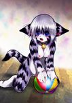  ball bell blue_eyes blush breasts cat collar face_marking fang feline female hair kneeling looking_at_viewer nude purple pussy short_hair solo stripes tail tetetor-oort white_hair 田代憂 