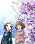  aioi_aoi brown_eyes brown_hair cherry_blossoms hirasawa_yui hood hoodie k-on! multiple_girls short_hair tainaka_ritsu tree 