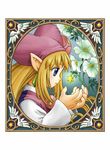  art_nouveau blonde_hair blue_eyes curly_hair flower hat highres jewelry kururu_(rhapsody) long_hair marl_kingdom official_art pointy_ears rhapsody ryoji_(nomura_ryouji) solo 