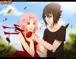  black_hair couple date flower green_eyes haruno_sakura naruto pink_hair rose sun_dress uchiha_sasuke 