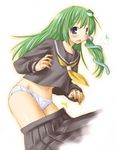  alternate_costume blue_eyes frog green_hair kasuga_yukihito kochiya_sanae long_hair navel no_pants panties pleated_skirt school_uniform serafuku skirt skirt_pull snake solo touhou underwear wardrobe_malfunction white_panties 