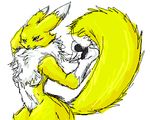  arm_behind_head blue_eyes breasts canine chest_tuft claws digimon face_markings female fox grin looking_at_viewer markings nude raised_arm raised_tail renamon solo standing tail unknown_artist yellow 