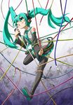  aqua_eyes aqua_hair bandaid bandaid_on_face cable detached_sleeves full_body hatsune_miku jack_plug long_hair microphone microphone_stand necktie open_mouth shirosame skirt solo thighhighs twintails very_long_hair vocaloid zettai_ryouiki 