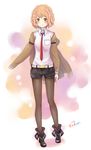  blush boots brown_eyes brown_hair brown_legwear cosplay evolan flower hair_flower hair_ornament hanasaku_iroha jacket legwear_under_shorts makise_kurisu makise_kurisu_(cosplay) matsumae_ohana necktie pantyhose red_neckwear short_hair shorts sleeves_past_wrists smile solo steins;gate 