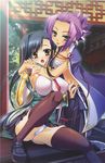  :p absurdres black_hair breasts brown_legwear chouryou_(shia) cleavage d: green_eyes highres hug kan'u katagiri_hinata koihime_musou large_breasts medium_breasts multiple_girls official_art open_mouth panties purple_hair sarashi spread_legs thighhighs tongue tongue_out underwear white_panties yellow_eyes 