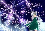  absurdres bob_cut cherry_blossoms dress ghost green_dress green_eyes hairband highres hitodama katana konpaku_youmu konpaku_youmu_(ghost) nunua scabbard sheath short_hair silver_hair solo standing sword touhou unsheathing weapon 