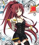  absurdres alternate_costume bare_shoulders black_legwear breasts chain choker cleavage corset detached_sleeves garter_straps hair_ribbon halterneck highres himeya_no_marimo long_hair mahou_shoujo_madoka_magica musical_note polearm ponytail red_eyes red_hair ribbon sakura_kyouko small_breasts solo spear thighhighs weapon zettai_ryouiki 