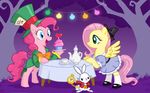  alice_in_wonderland blue_eyes bow cupcake dress equine female fluttershy_(mlp) friendship_is_magic green_eyes hat horse lagomorph lights my_little_pony pink_hair pinkie_pie_(mlp) pony rabbit table tea tea_cup watch 