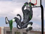  abs almost_nude anthro ball balls basket_ball basketball biceps black ears_back feline fur green green_eyes grey_fur looking_at_viewer male mammal muscles nude panther pecs penis pose public shoes slam_dunk smile sneakers socks solo teeth torn_clothing wookiee wookiee_(artist) 