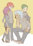  1girl 3boys 4444yon blue_hair green_hair inazuma_eleven inazuma_eleven_(series) izuno_yuu keeve kii_fumiko kiyama_hiroto male male_focus multiple_boys nemuro_miyuki nero_(inazuma_eleven) pink_hair red_hair 