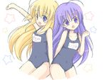  :d :o ahoge angel_beats! bad_id bad_pixiv_id bare_arms blonde_hair blue_eyes blush eyebrows_visible_through_hair hoshimame_mana irie_(angel_beats!) long_hair multiple_girls name_tag one-piece_swimsuit open_mouth outstretched_arm purple_eyes purple_hair school_swimsuit sekine smile star swimsuit 