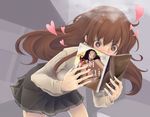  1girl amagami blush book brown_hair excited face female_pervert haku_(sinsifuku2) hands heart kamizaki_risa leaning_forward long_hair long_sleeves nude open_book pervert pleated_skirt pornography reading skirt smoke solo sparkle 