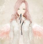  angel_wings ariadne bad_id bad_pixiv_id brown_hair face green_eyes inception lips long_hair mouth_hold open_clothes open_shirt pink_hair ribbon ribbon_in_mouth shirt sola_(414lilyope) solo undressing wings 