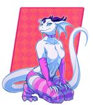  arm_warmers breasts bulge cyan_eyes dragon edit female kneesocks long_tail looking_at_viewer socks solo striped_socks stripes tail topless 