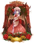  aldehyde bad_id bad_pixiv_id bat_wings elbow_gloves flower gloves hat highres leaf pointy_ears purple_hair red_eyes red_flower red_rose remilia_scarlet rose short_hair solo touhou umbrella white_flower white_rose wings 