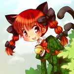  animal_ears bell blush bow braid cat_ears cat_tail extra_ears hair_bow hiyopuko kaenbyou_rin leaf multiple_tails open_mouth red_eyes red_hair short_hair smile solo tail touhou twin_braids twintails 