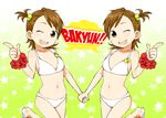  bikini brown_eyes brown_hair flat_chest flower futami_ami futami_mami hanatsuka hibiscus holding_hands idolmaster idolmaster_(classic) multiple_girls siblings side_ponytail sisters swimsuit symmetry twins 