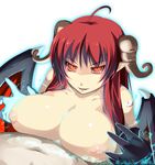  ahoge black_gloves breasts commentary demon_girl demon_wings gloves highres horns huge_breasts long_hair nipples orange_eyes original paizuri pointy_ears red_hair shiki_(psychedelic_g2) solo_focus symbol-shaped_pupils wings 