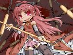  bad_id bad_pixiv_id blush carazuki chain dress fang hair_ribbon long_hair mahou_shoujo_madoka_magica pink_eyes polearm ponytail red_hair ribbon sakura_kyouko smile solo spear thighhighs weapon zettai_ryouiki 