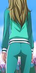  ass brown_hair cherry_blossoms day from_below haruyama_kazunori long_hair minamino_kanade pants precure sky solo suite_precure tight tight_pants track_suit 