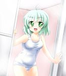  ahoge bathroom green_eyes green_hair highres komeiji_koishi one-piece_swimsuit school_swimsuit short_hair solo steam swimsuit touhou white_school_swimsuit white_swimsuit yakoo_(r-25) 