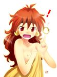  1girl bare_shoulders blush covering covering_breasts earrings fireball flat_chest jewelry lina_inverse nagian nipples open_mouth red_eyes red_hair slayers solo teeth 