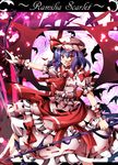  bat bat_wings blood blue_hair bow character_name dress fang hat highres laevatein red_eyes remilia_scarlet shino_(moment) short_hair smile solo spear_the_gungnir touhou wings wrist_cuffs 