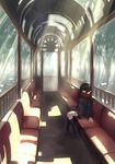  absurdres arch bench black_hair closed_eyes garuku highres light_rays long_hair original scarf school_uniform shade sitting sleeping sleeping_upright solo sunbeam sunlight train_interior tree vanishing_point 