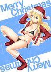  bikini black_bikini blonde_hair blue_eyes boots breasts choker christmas hat hnm holiday large_breasts long_hair long_sleeves navel original panties santa_costume santa_hat side-tie_bikini side-tie_panties smile solo swimsuit underwear 