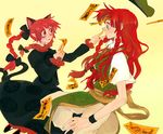  animal_ears bags_under_eyes braid cat_ears cat_tail hachimillion hong_meiling kaenbyou_rin long_hair multiple_girls multiple_tails ofuda red_eyes red_hair short_hair simple_background tail touhou twin_braids twintails yellow_background 
