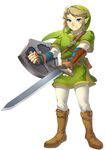  1boy blonde_hair commentary_request fingerless_gloves gloves hat holding holding_sword holding_weapon left-handed link male_focus muse_(rainforest) photoshop_(medium) pointy_ears shield solo sword the_legend_of_zelda weapon 