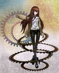  belt blue_eyes brown_hair gears highres jacket legs legwear_under_shorts long_hair makise_kurisu necktie pantyhose red_neckwear shoes shorts solo steins;gate testa421 