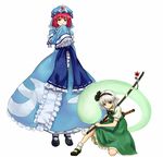  blush floating ghost hairband hat imperishable_night japanese_clothes katana kneeling konpaku_youmu konpaku_youmu_(ghost) mary_janes multiple_girls pink_hair red_eyes saigyouji_yuyuko scabbard sheath shibasaki_shouji shoes silver_hair sleeves_past_wrists sword tassel touhou unsheathing vest weapon white_hair 