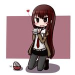  belt black_eyes blush_stickers bowl heart kneeling legwear_under_shorts long_hair makise_kurisu nabeyaki_neko necktie pantyhose red_hair shorts smile solo steins;gate very_long_hair 