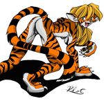  all_fours blonde_hair breasts butt feline female from_behind green_eyes hair long_blonde_hair long_hair looking_at_viewer looking_over_shoulder nude orange pilot_(artist) pussy solo tail tiger 